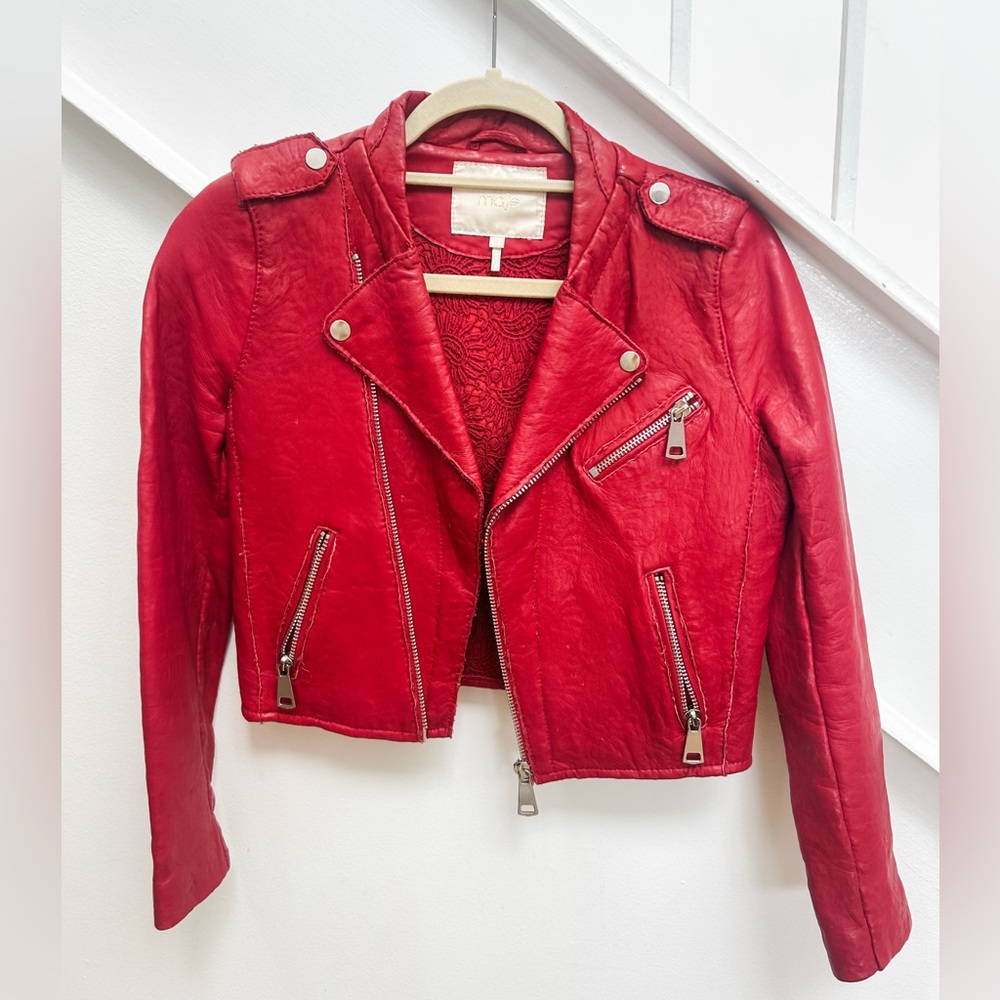 MAJE RED CROPPED LAMBSKIN LEATHER MOTO BIKER FLORAL LINED JACKET FR 36 SMALL